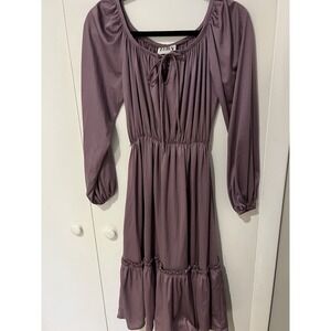 Tracy Purple Dress Women's Handmade Elastic Waist Long‎ Sleeve Boho Tiered